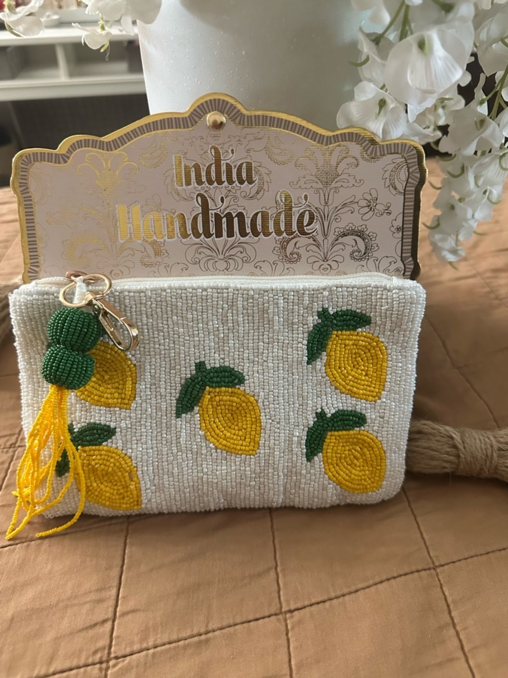 Handmade Lemon Beaded Clutch - White and Yellow